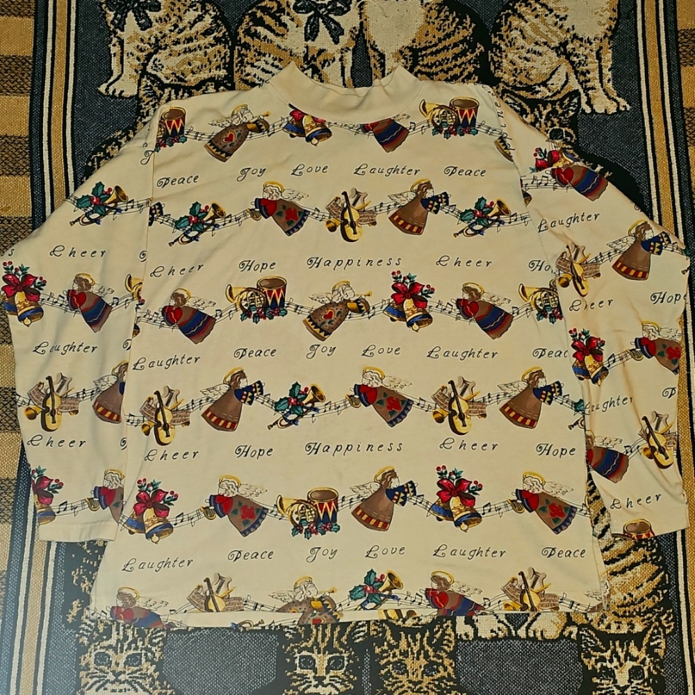 Bobbie BROOKS Womens Top Fleece Lined Angels & Instruments Festive Print Vtg